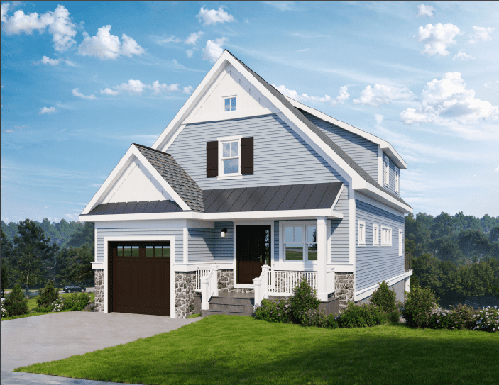 A house with a garage door and grass