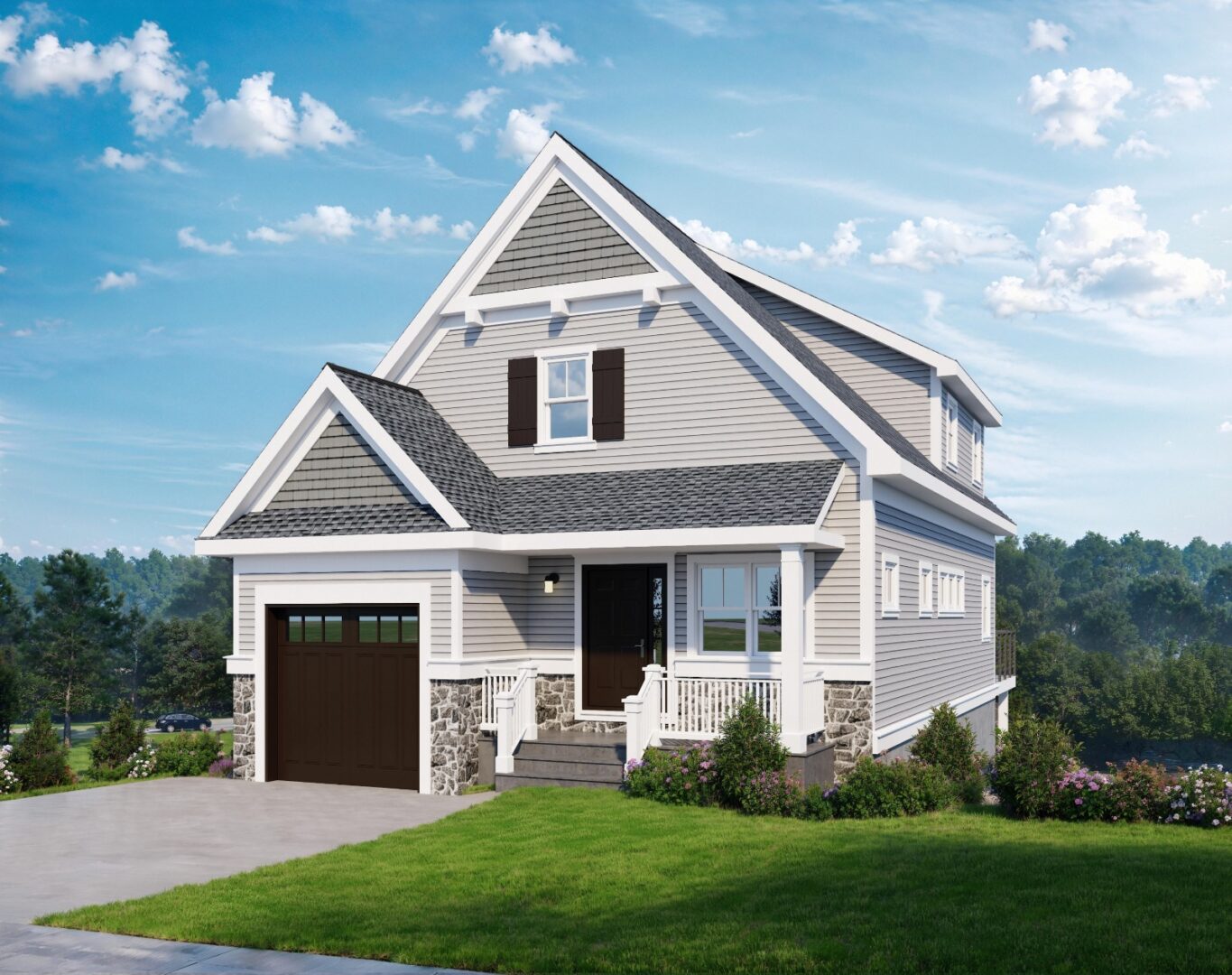 A house with a garage and driveway in front of it.