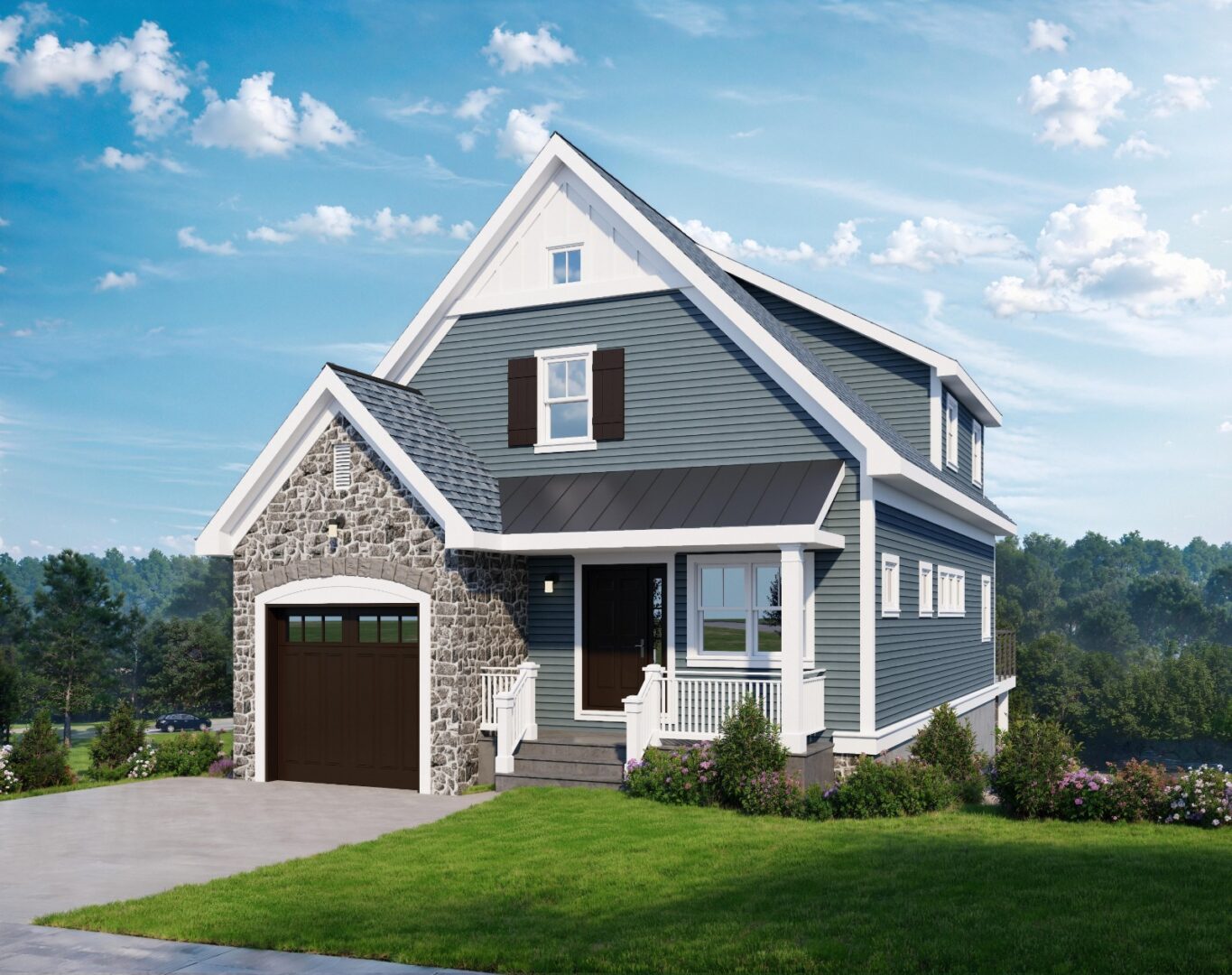 A house with a garage door and a blue roof