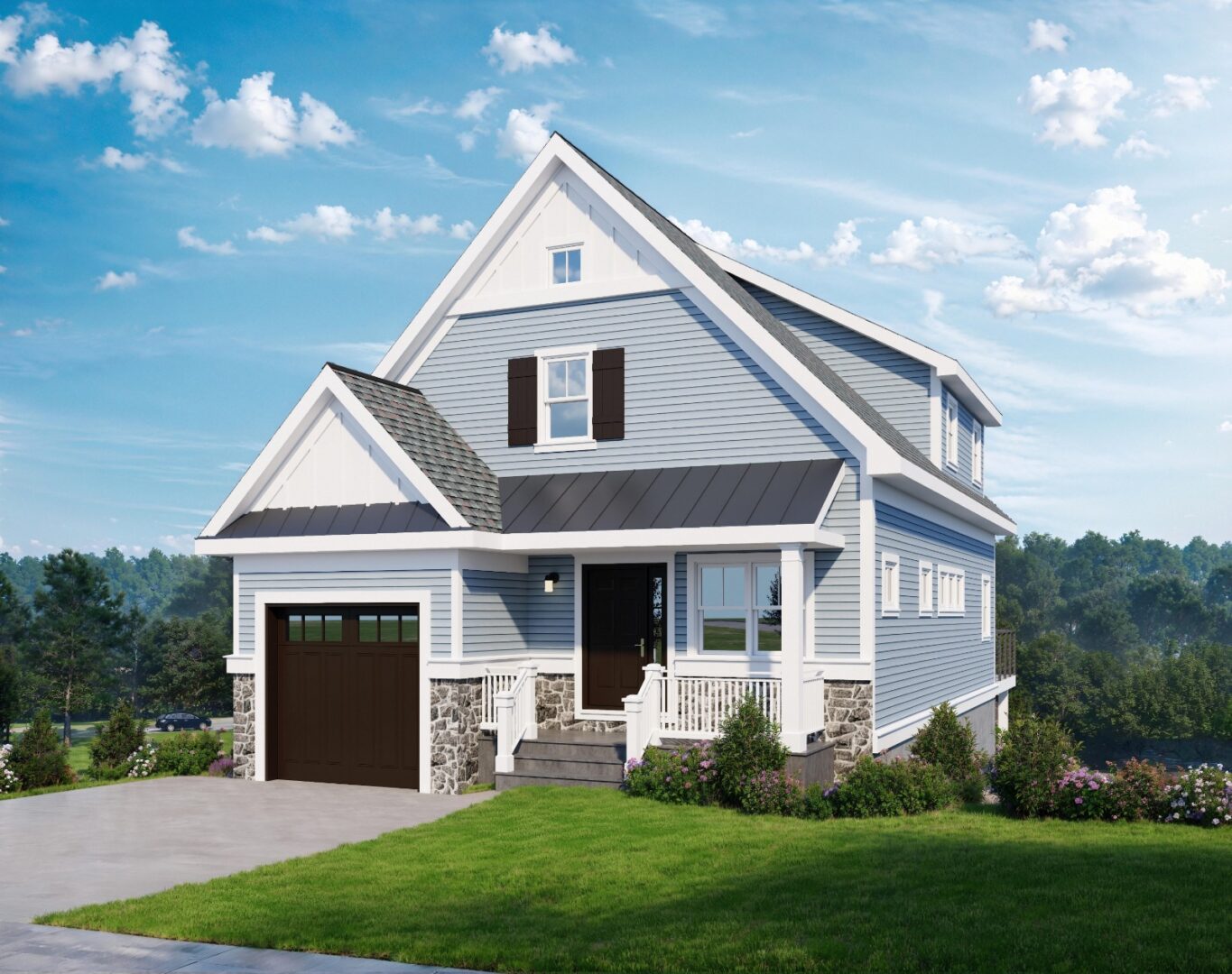 A house with a garage door and a grassy area.